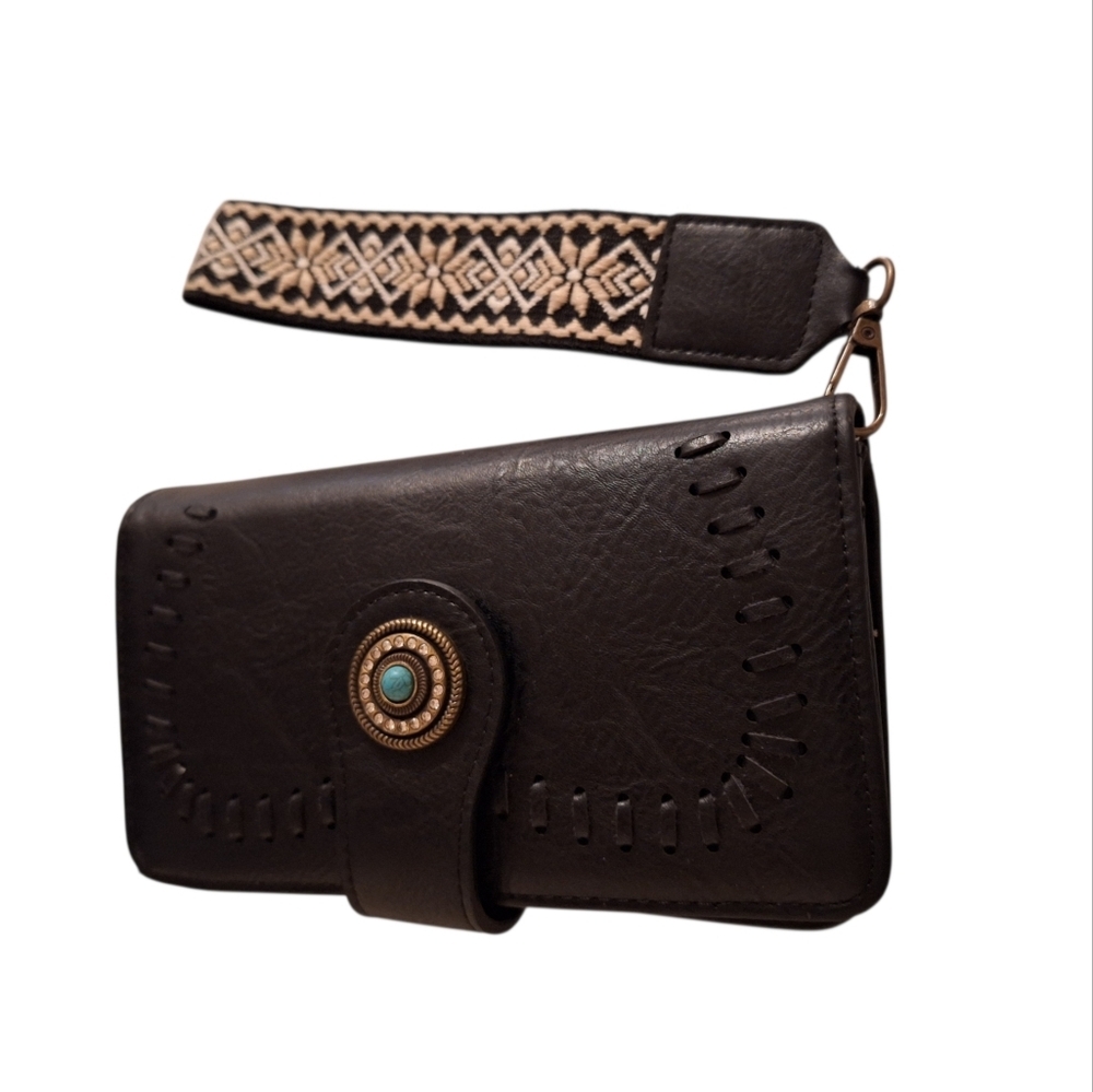 Unbranded Southwestern Vegan Leather Wristlet Black with Canvass Strap Boho